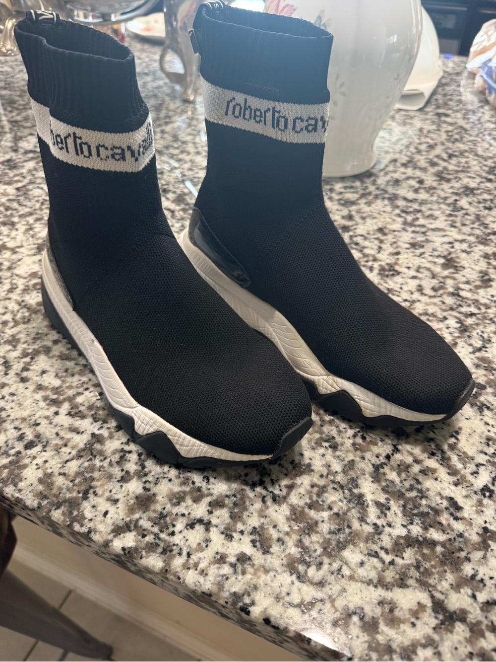 Roberto Cavalli Black and White Knit Sock Sneakers
